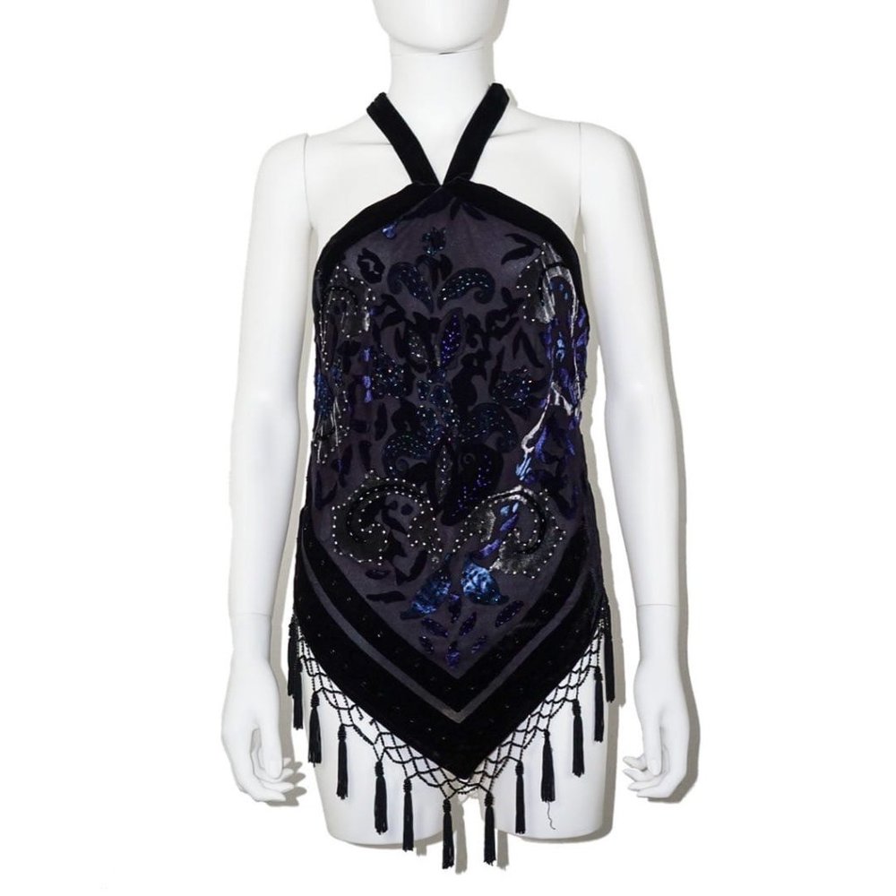 CACHE Vintage Tassels Beaded Halter Top